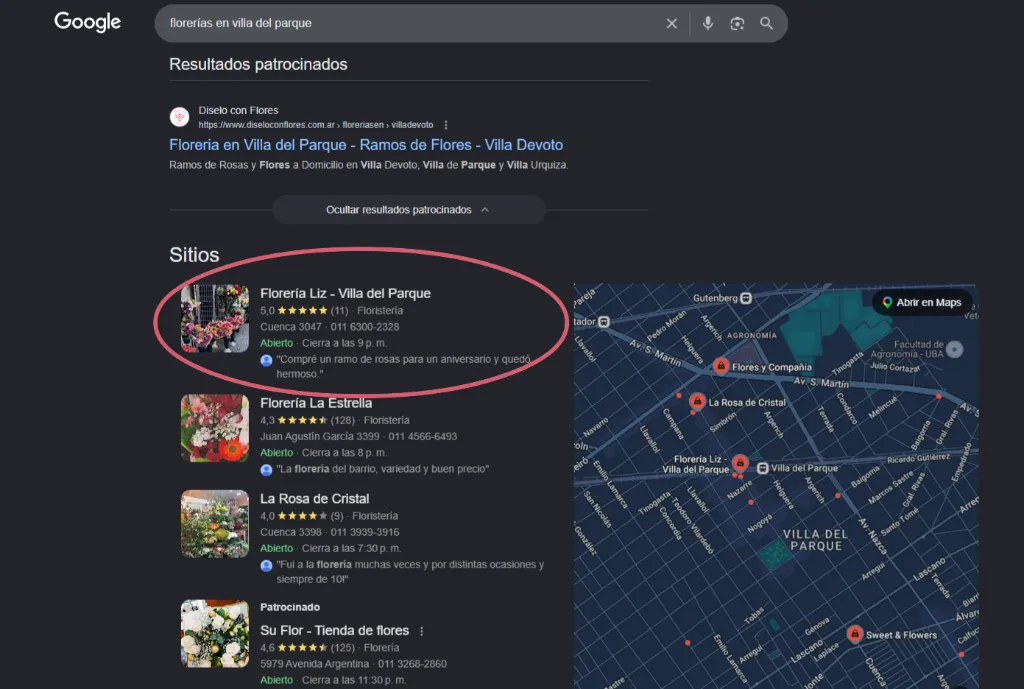 Captura de pantalla de búsqueda en Google Maps posicionada en Top 1 para FloreríaLiz