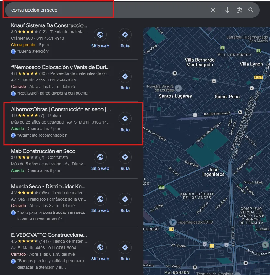 Captura de pantalla de búsqueda en Google Maps posicionada en Top 3 para la palabra clave construccion en seco