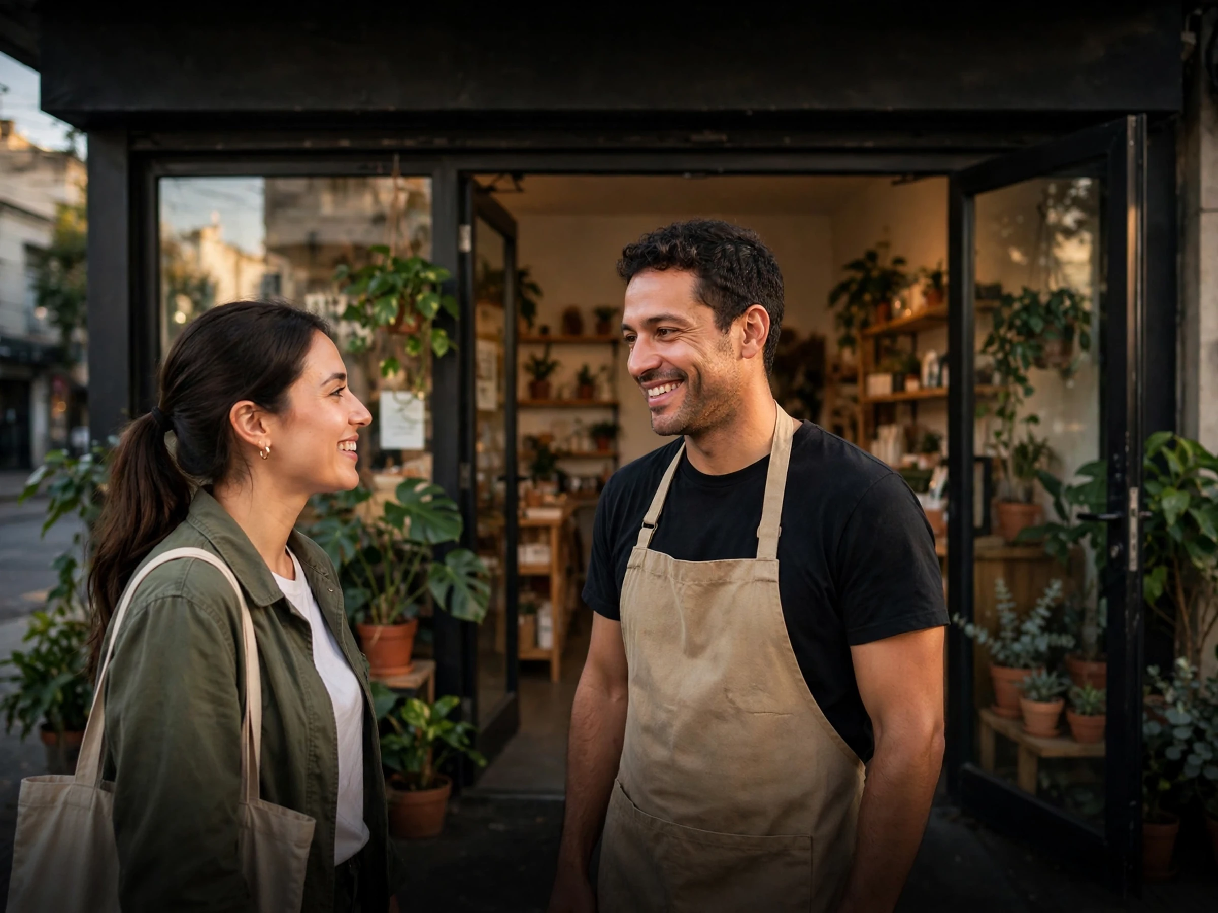Comerciante en la puerta de su local de barrio, sonriendo