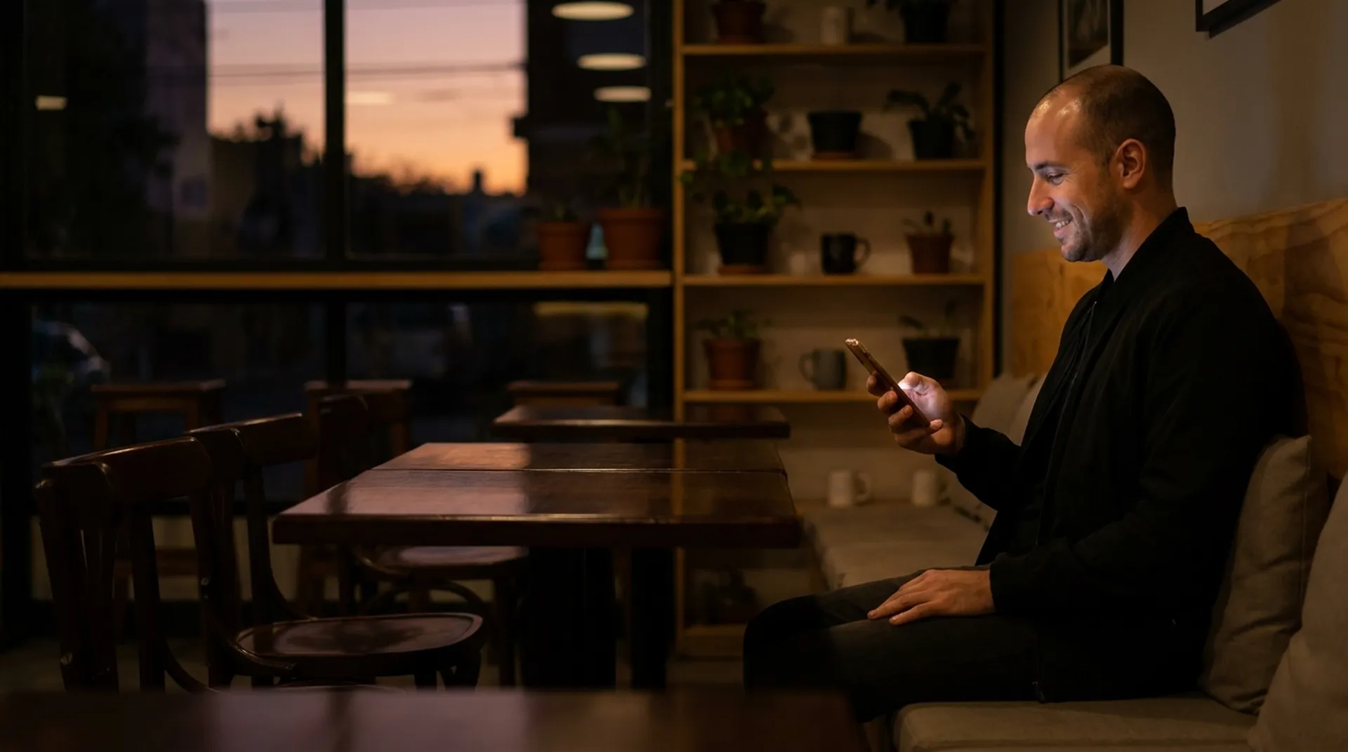 Dueño de un negocio revisando su celular con tranquilidad en el local